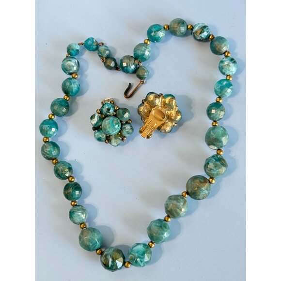 Vintage Kramer Midcentury Blue Beaded Necklace & Clip-On Earrings Set - Picture 5 of 5